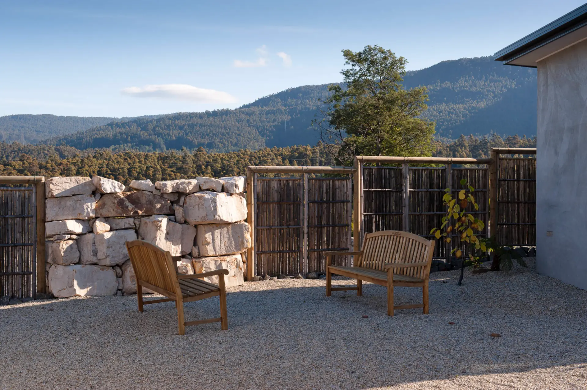 Mountain views across Tasmanian bushland from the Harmony Hill courtyard