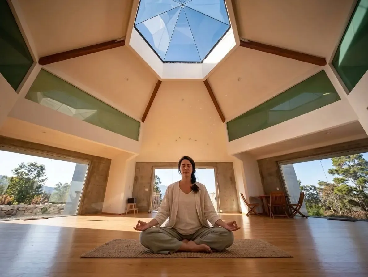 Guest meditating beneath the skylight in the Harmony Hill yoga space