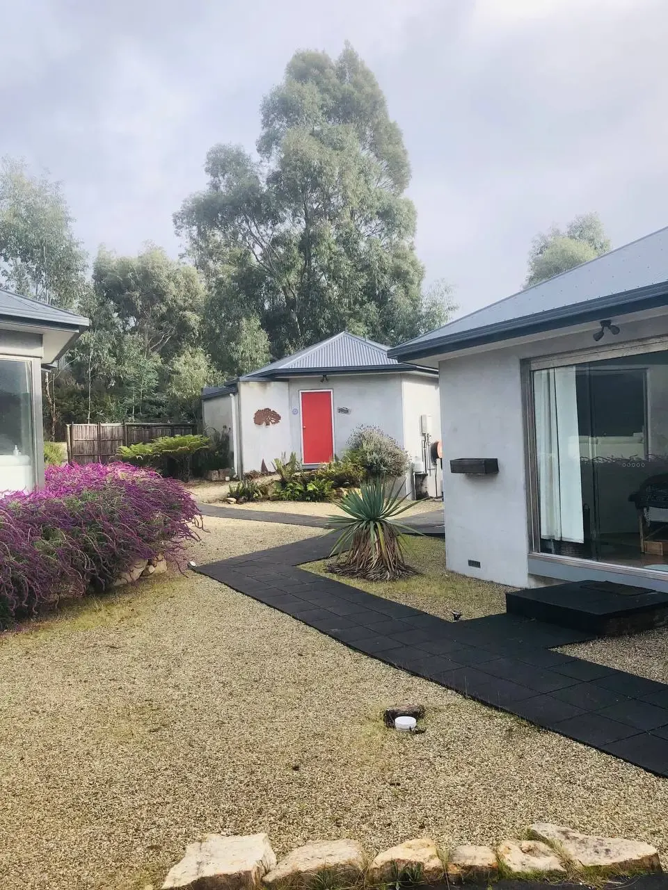 Harmony Hill villas and garden paths beneath tall eucalypts